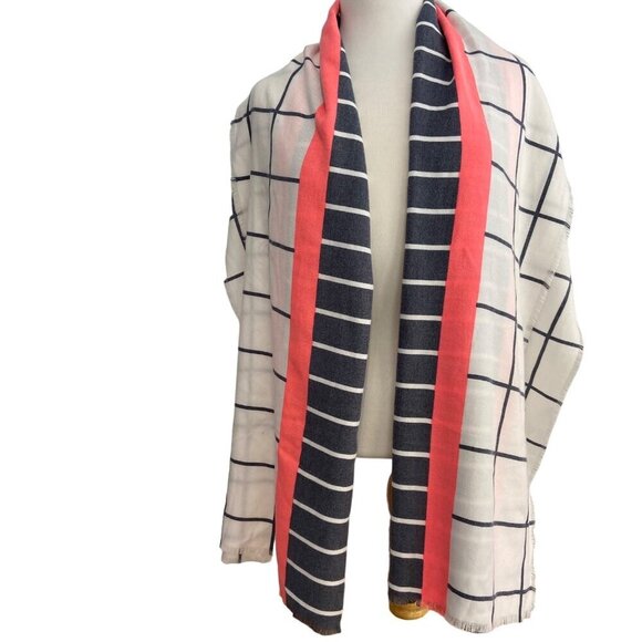 J.Crew Womens Grid & Stripe Ruana Scarf wrap With Coral Accent Polyester/Viscose - Picture 3 of 7